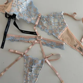 French style charming lace niche silk thin style sexy thin style steel ring support gathering bra set bra thong