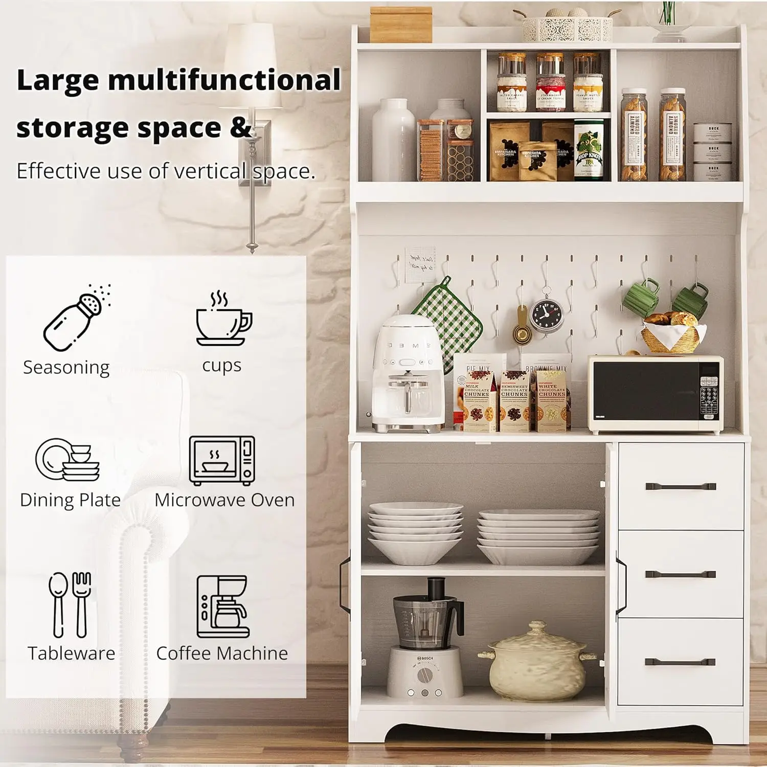 Coffee Bar Cabinet with Storage and Customizable Pegboard and Power Outlet, 71" Kitchen Buffet Sideboard with 3 Drawers and 3
