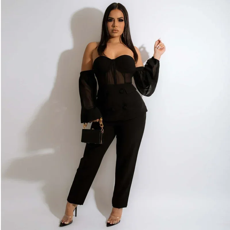 

WUHE 2024 Off Shoulder Mesh Patchwork Blazer and Pants Suit Matching Two 2 Piece Set Outfits Fitness Women Tracksuit