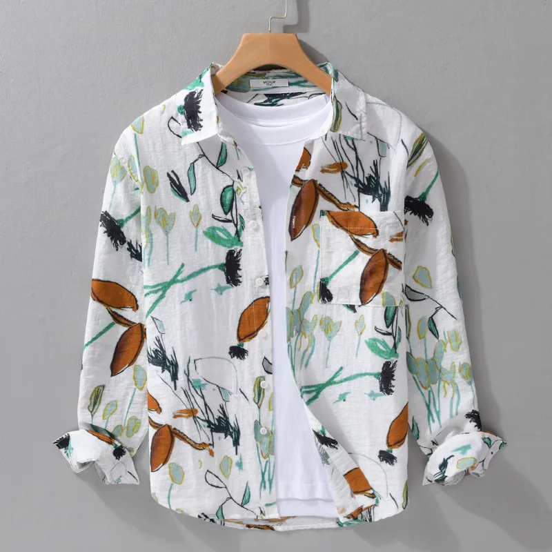 

Мужская льняная рубашка с длинным рукавом, Повседневная Свободная универсальная рубашка с принтом, в минималистичном стиле, весна-лето 2024