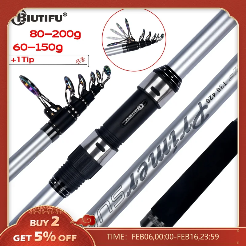 BIUTIFU 텔레스코픽 서핑 낚싯대, 3.9, 4.2, 4.5, 5.0, 5.3m, 30T 탄소 여행 스피닝 파워, 60-200g, 쓰로우 서프캐스팅 쇼어 폴 
