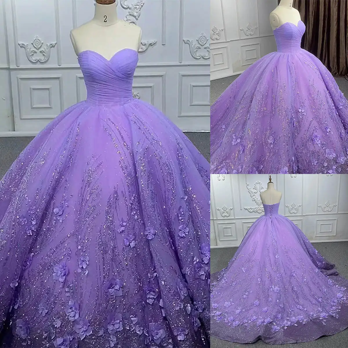

Princess Ball Gown Evening Dress Sequins Handmade Flower Strapless Prom Dresses Sweep Train Formal Gowns Custom Made