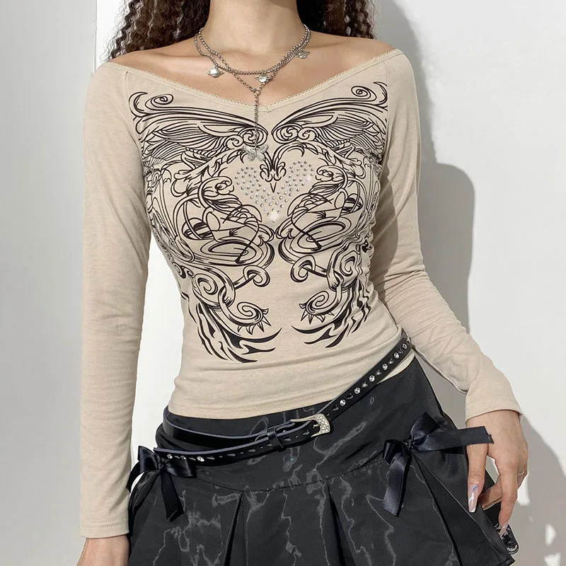 

Y2K Women's Off Shoulder T-shirts Close-fitting Pullover Personality Pattern Print Long Sleeve Tops Women's Slim Top Streetwear