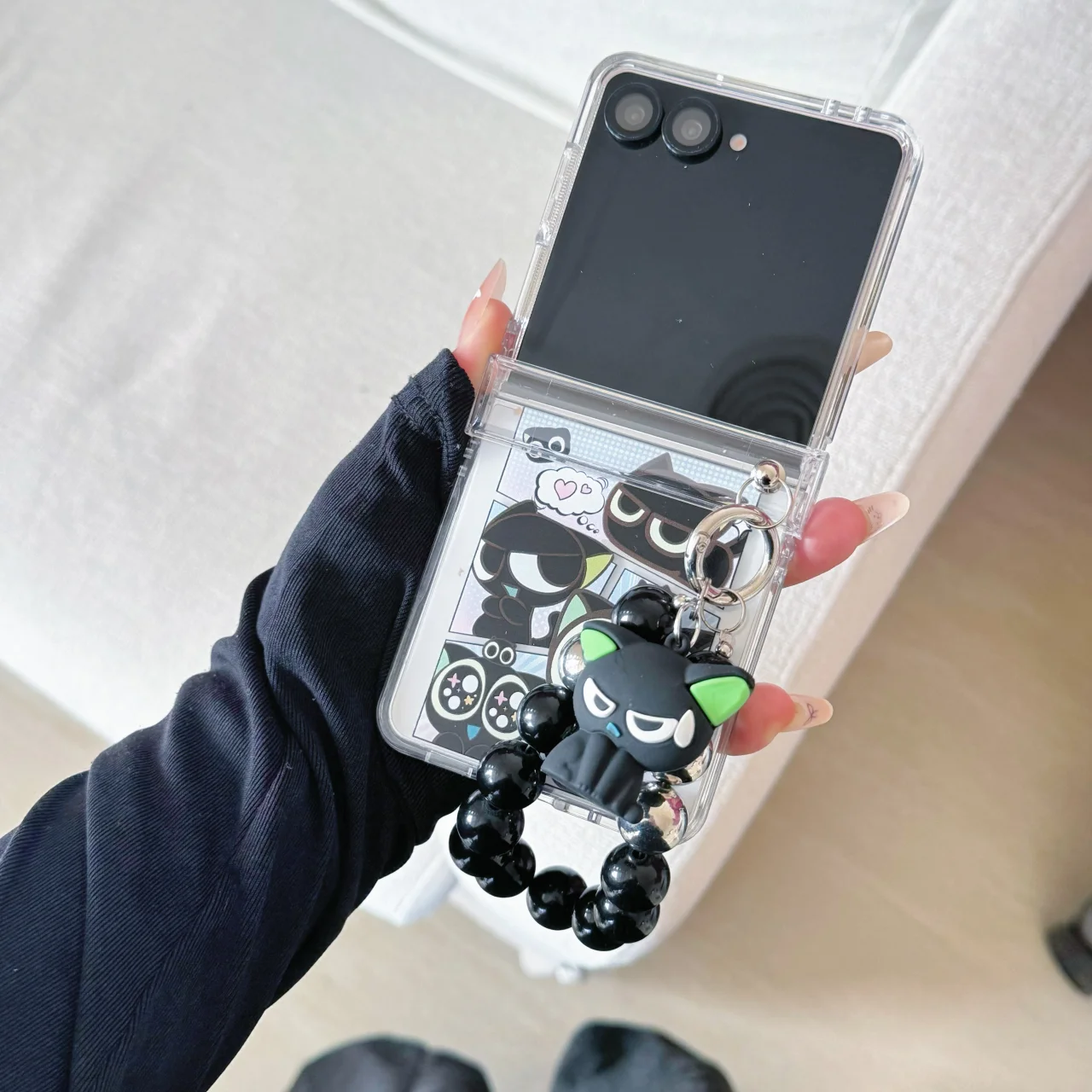 Black Kitten Cartoon Shockproof Phone Case with Rope Strap and Cat Pendant