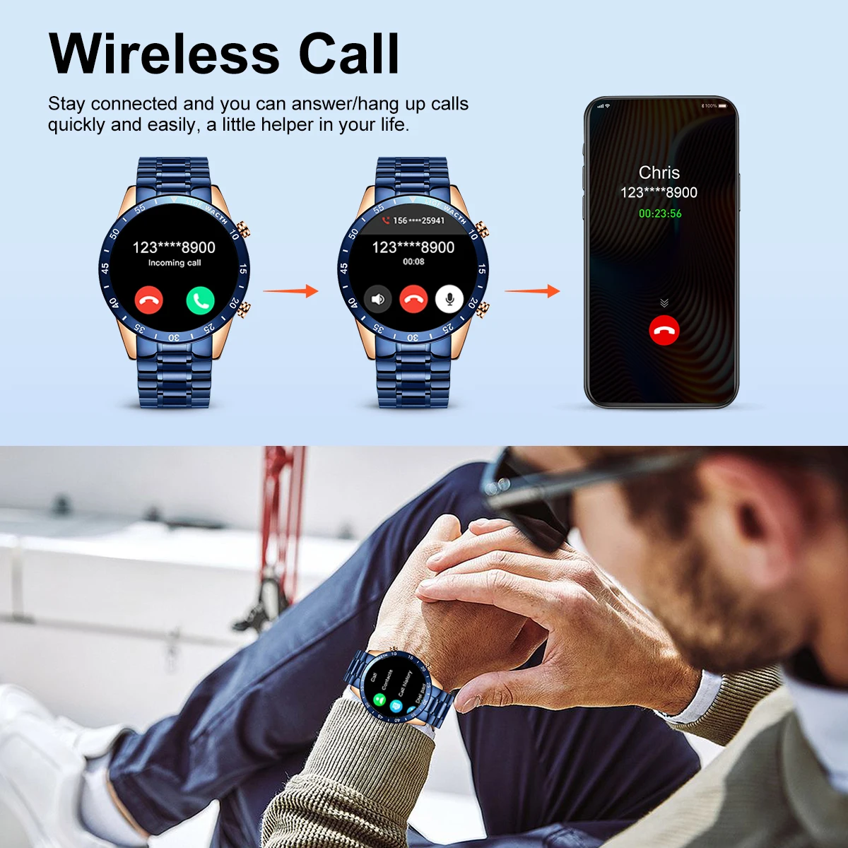 LIGE Luxury 1.39" HD Screen Men Smart Watch Bluetooth Call Steel Band IP67 Waterproof Sports Fitness Watch For Android ios Phone 2