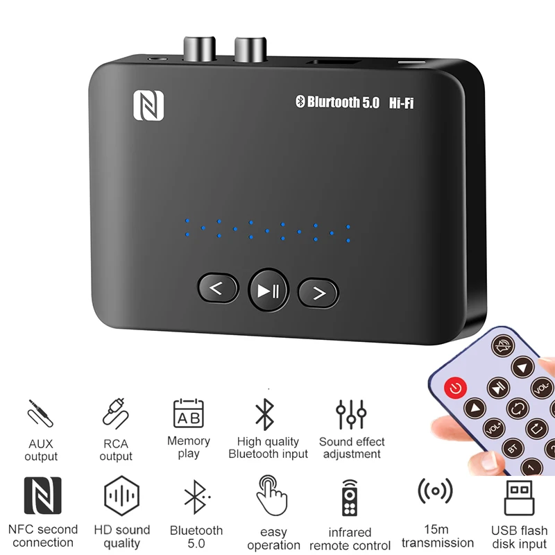 Bluetooth 5.0 Adapter Receiver 3.5mm AUX RCA Wireless Audio Adapter HiFi Stereo USB Support NFC with Remote Control for Speaker bluetooth adapter bluetooth audio receiver bluetooth transceiver adapter audio adapter bluetooth aux adaptor