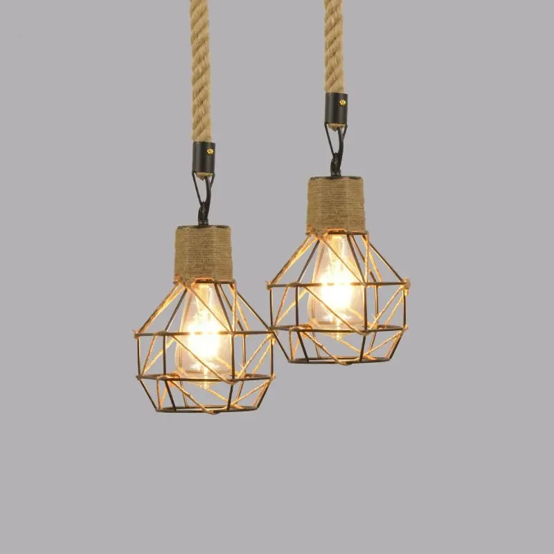 

SANDYHA Vintage Iron Hemp Rope Iron Frame Single Head Pendant Lights Metal Cage Industrial Style Pendant Lamp Restaurant Bar