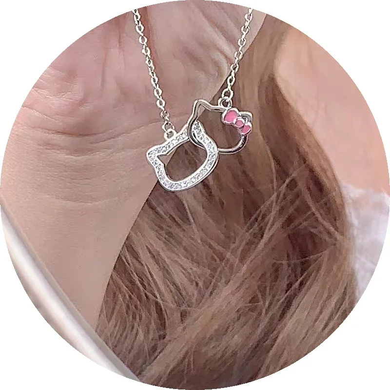 

Sanrio Hello Kitty Diamond Necklace Double Ring Clavicle Chain for Women Fashion Jewelry Cute Cat Head Pendant Necklace