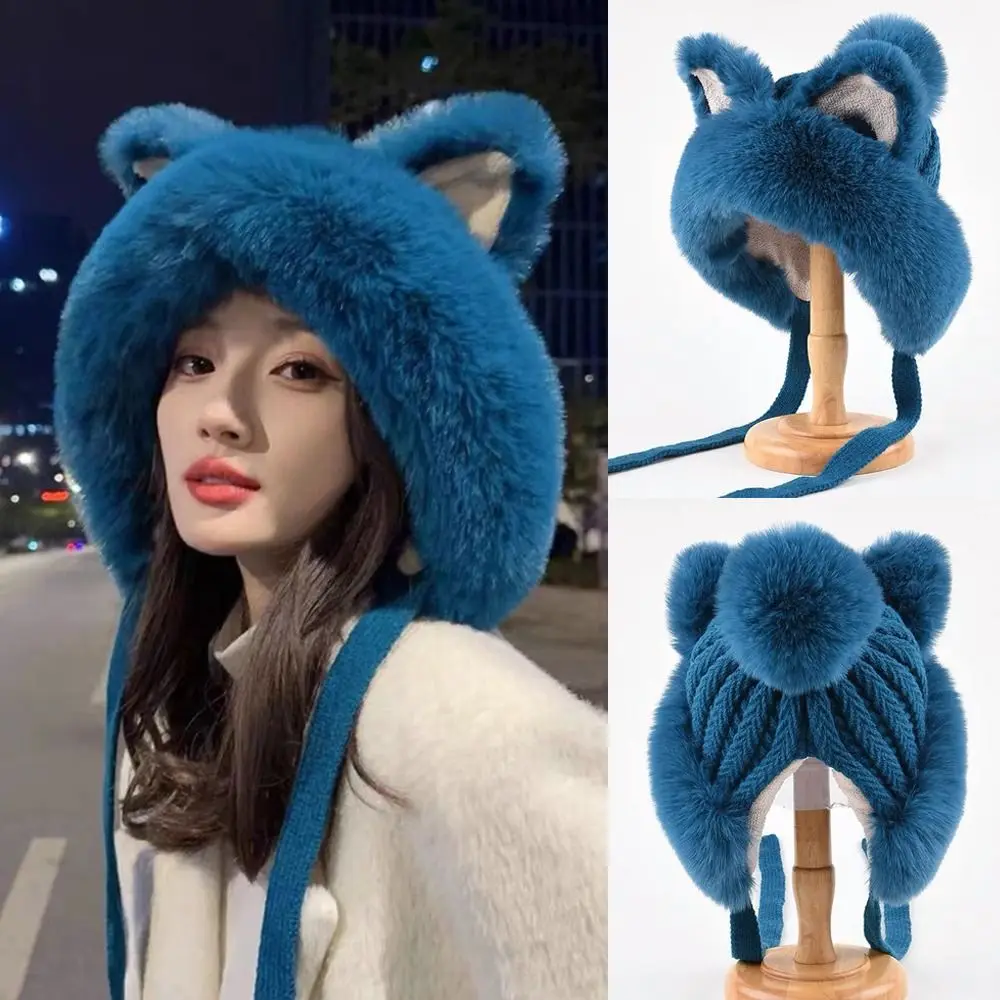 

Plush Trapper Hat Fashion Cute Kitten Ears Fur Earflap Ski Cap Windproof Ear Protection Lei Feng Hat Women