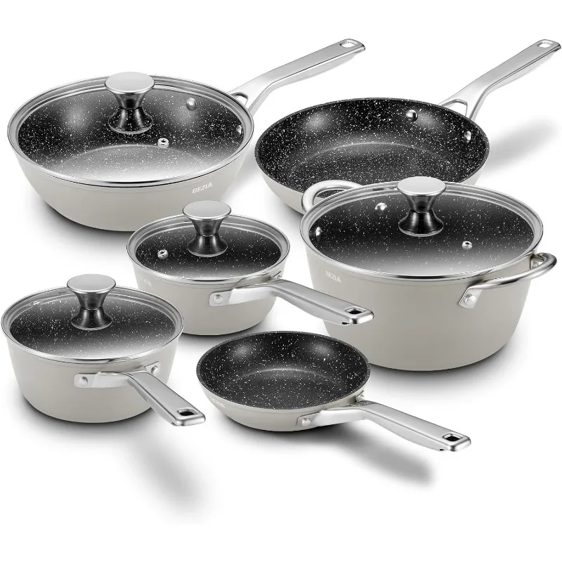 

BEZIA Pots and Pans Set Nonstick Induction Cookware Sets 10 Piece Compatible with All Stoves Dishwasher Safe Kitchen Cooking
