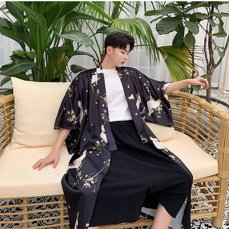 Men Print Japan Fashion Loose Casual Vintage Long Kimono Cardigan Shirt Night-robe Trench Coat Sunscreen Beach Jacket Robe trench coat casual men jacket