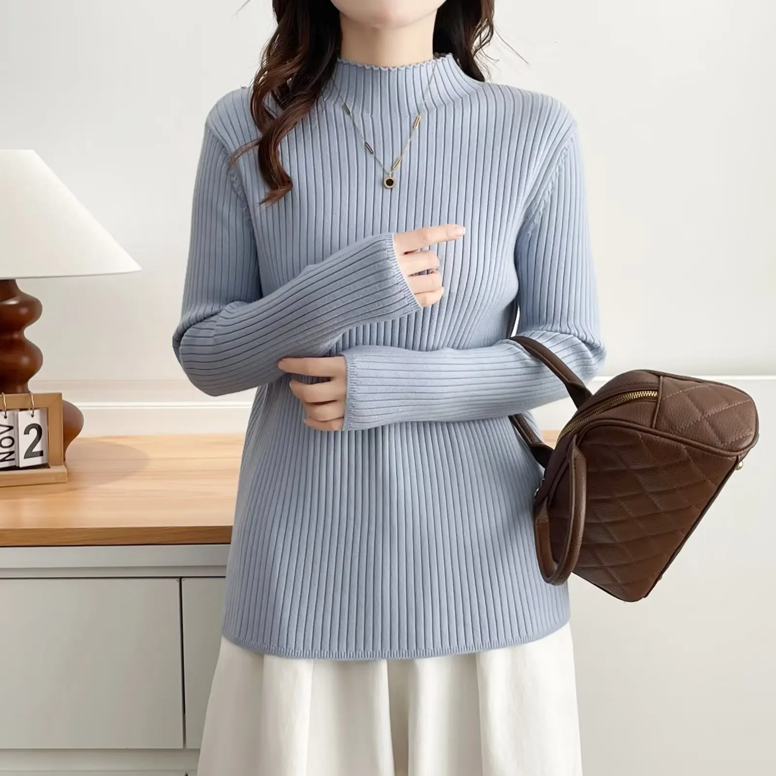Fashion Plus Size Woman Clothing Sweaters 2025 Autumn Winter Simple Basic Style Solid Color Mock Neck Thickened Knitted Jerseys