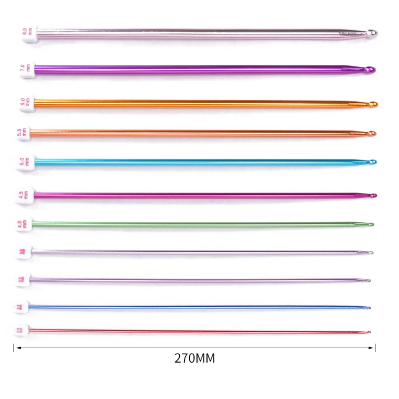 QJH Aluminum Long Crochet Hook Set, 11pcs Tunisian Crochet Hooks Multicolor Afghan Needles for Crocheting (2mm to 8mm)