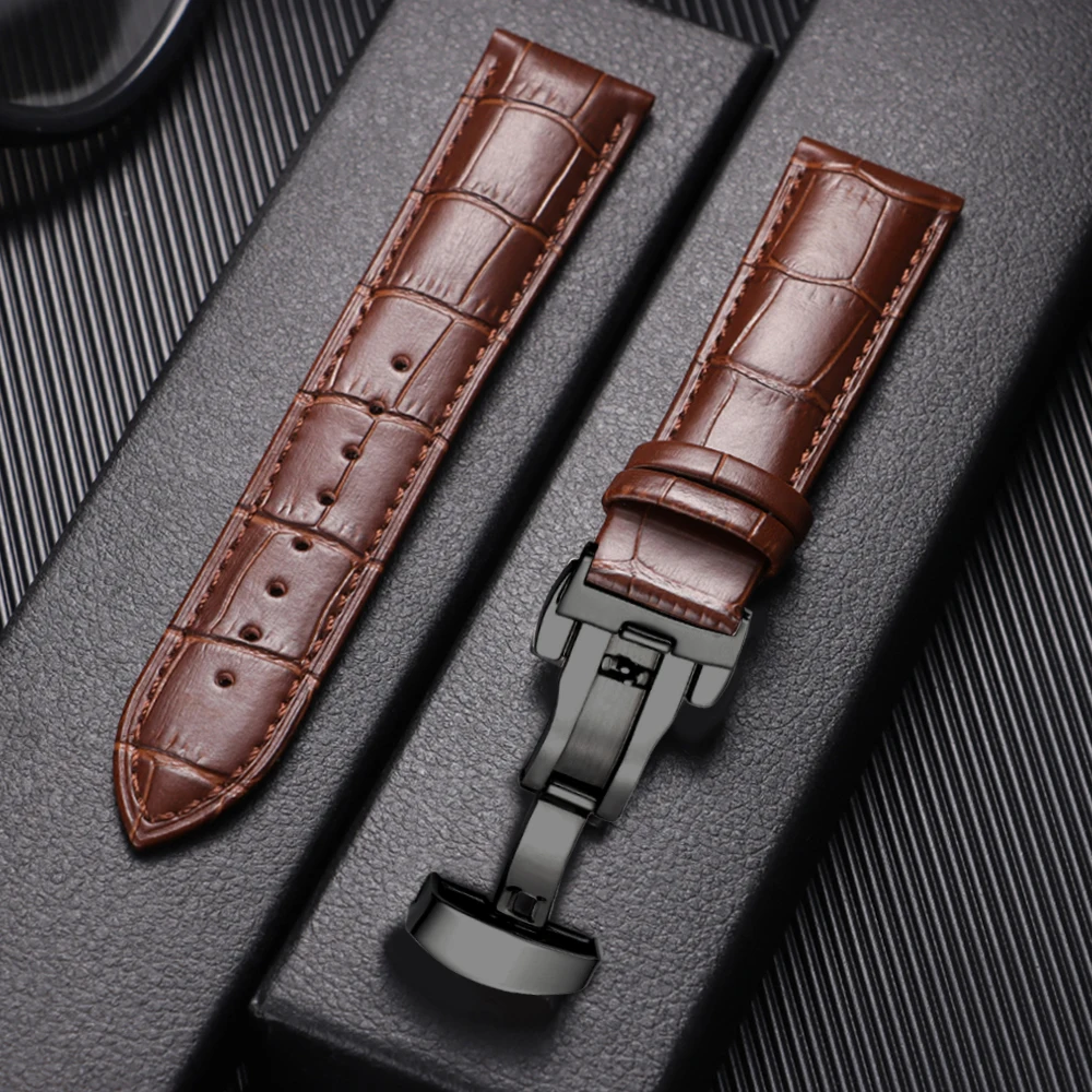 Elegant Genuine Leather Men's Watch Strap with Metal Butterfly Buckle