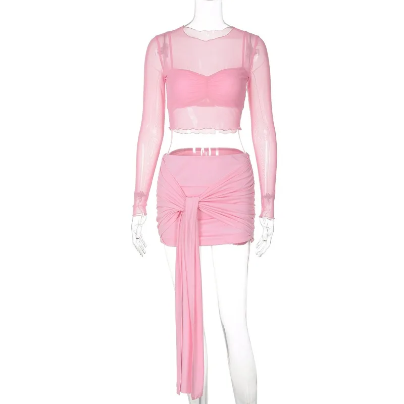Casual See-Through 3 Piece-Set Skirt Female Pleated Long Sleeve Cropped Top And High Waist Skirt Sets Women's Outfits