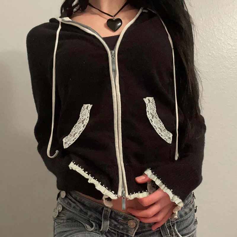 Black Lace Trim Knitted Sweater Cardigan Women Autumn Winter New Coat Sweet Basic All-Match Fashion 3