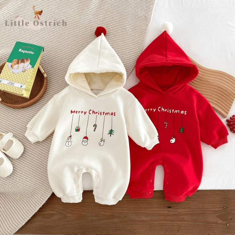 

Christmas Newborn Baby Girl Boy Cotton Romper Infant Toddler Child Jumpsuit Hooded Fleece Inside Pullover Baby Clothes 3-18M