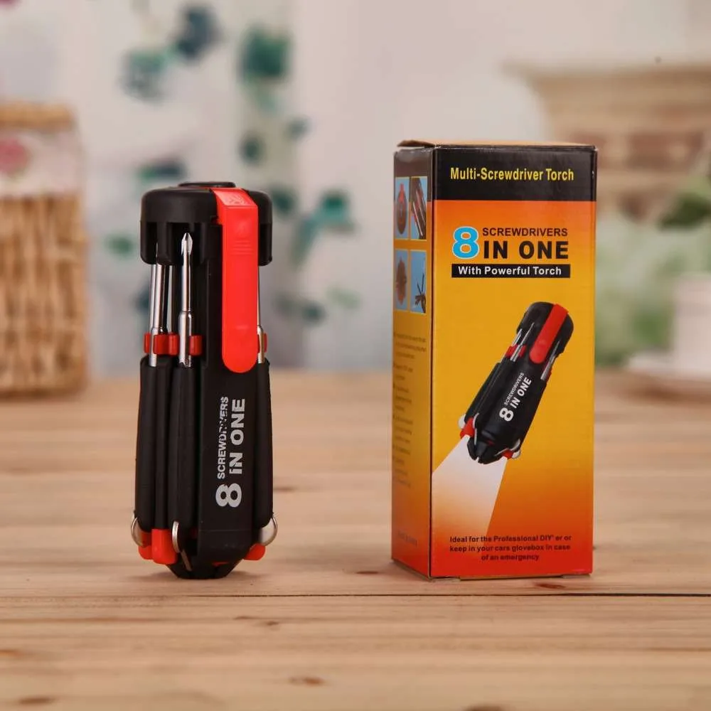 Cacciavite Phillips a taglio 8 in 1 con luce a LED Strumento di riparazione domestica Punte per cacciavite pieghevoli Multitool