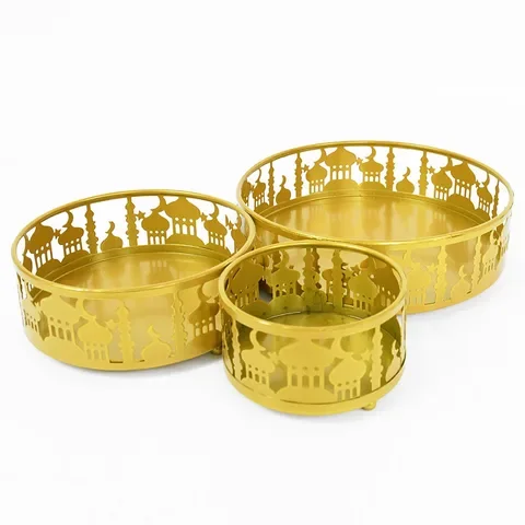 

3pcs Ramadan Decor Gold Metal Food Trays Table Ornament Eid Mubarak Islamic Muslim Festival Party Decoration Supplies 2022 Gift