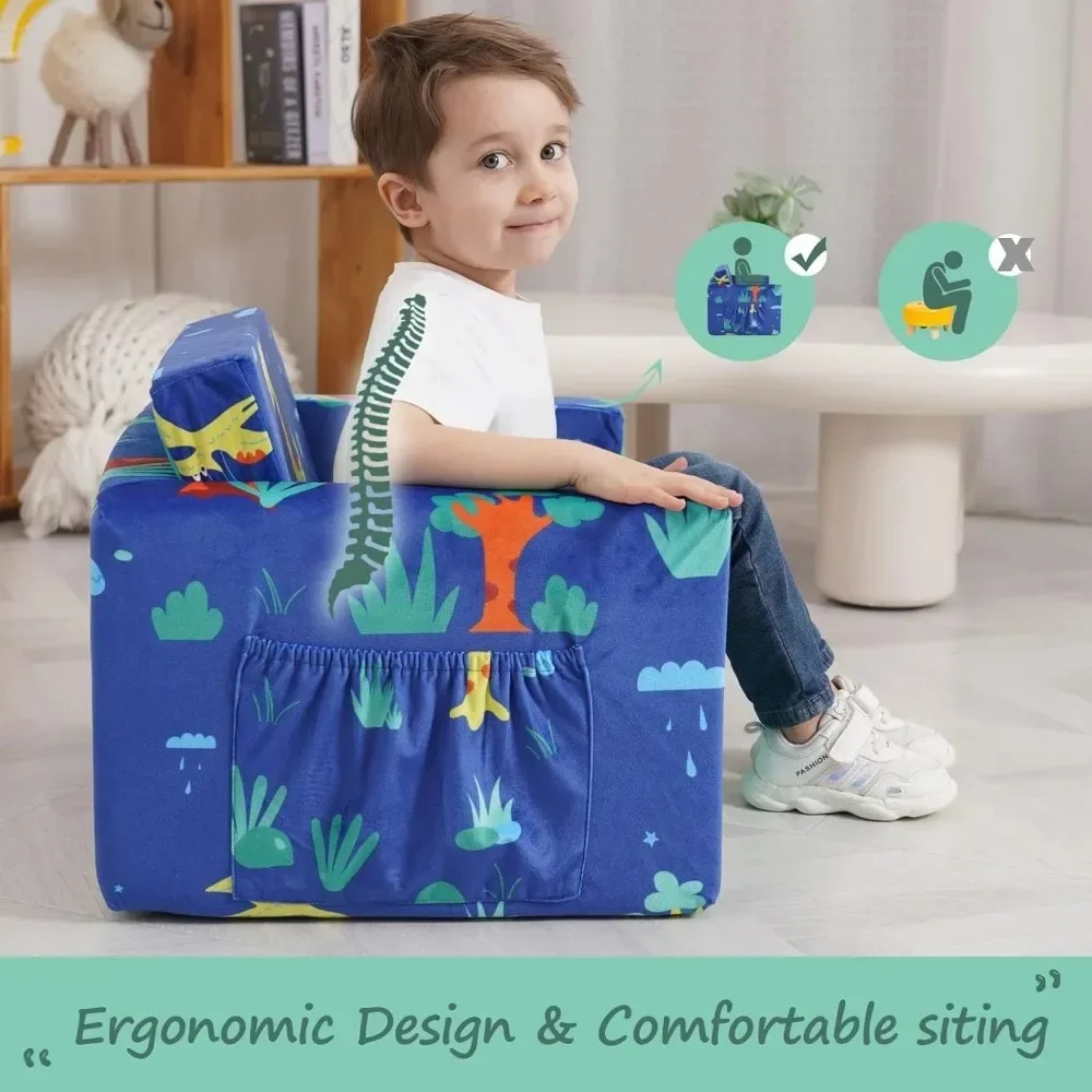 Kids Couch: Toddler Sofa Bed Fold Out for Gilrs Boys Baby Flip Out Convertible Lounge Chair Dinosaur 4