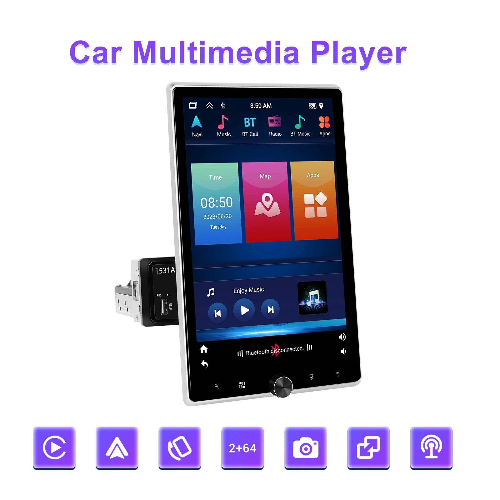 Podofo 1din Car Stereo Radio Carplay 10.4'' Touch Screen Car Multimedia Player Bluetooth FM Radio USB mirror Link Android auto