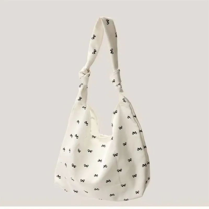 JIAERDI Retro Casual Bow Print Canvas Bag Purse Women Portable Large Capacity Tote Bag Female Shopping Canvas Shoulder Bags New