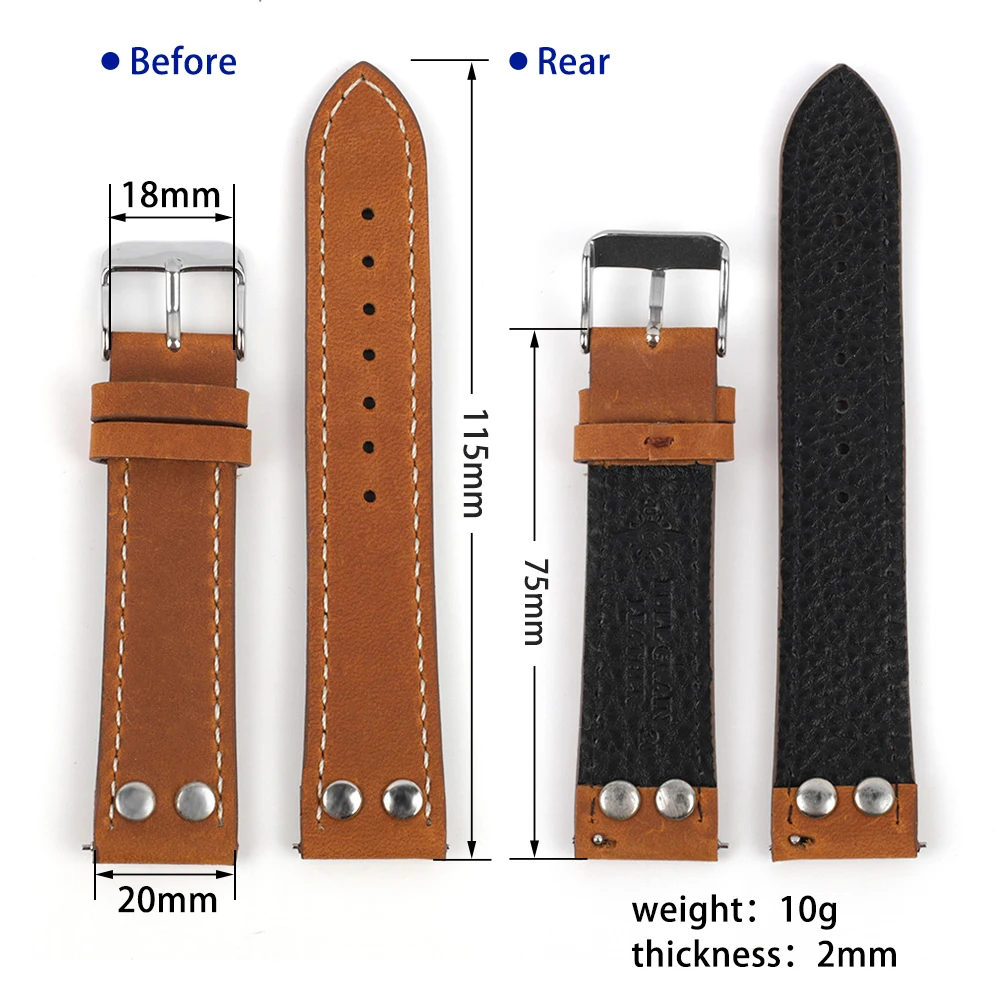 Vintage Coffee Brown Leather Watch Strap with Rivet Pin Buckle
