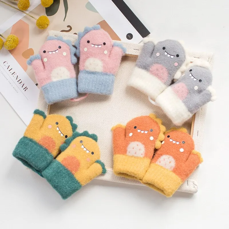 Cartoon Dinosaur Baby Gloves Warm Autumn Winter Kids Girl Boy Full Finger Gloves Knitted Thick Outdoor Children Toddler Mittens