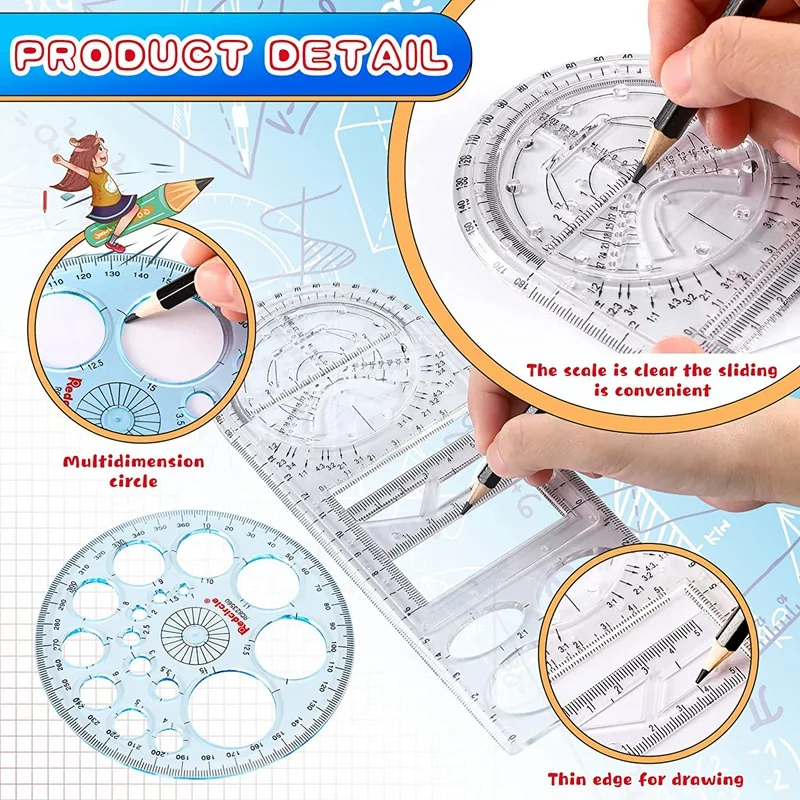 NEW-4Pcs Multifunctional Geometric Ruler Measuring Drawing Ruler Plastic  Mathematics Tools for Student School Office Supply