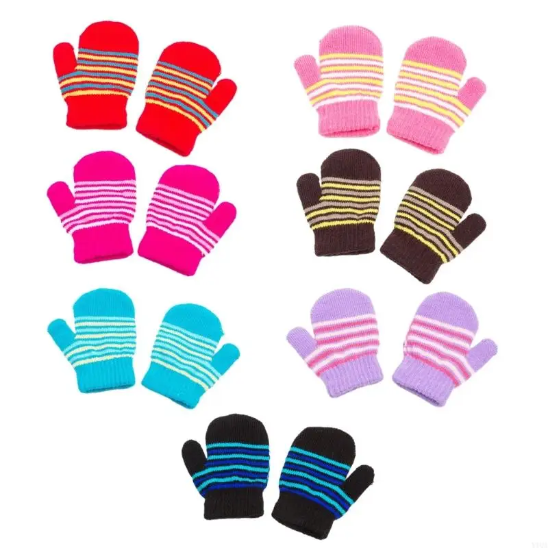 Y1UA Infant Kids Outdoor Gloves Winter Full Finger Striped Pattern Gloves Thicken