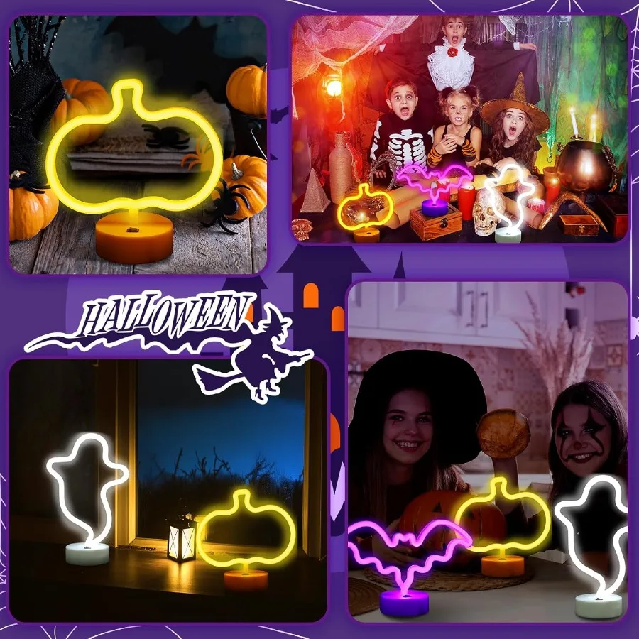 3 Pcs Neon Light Halloween Decorations LED Lamps Ghost Pumpkin Bat Shape Neon Signs Decorative Battery Operated Night Lights wi