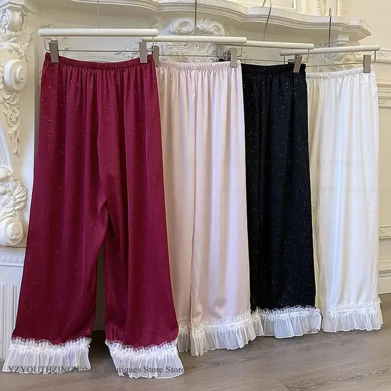 طقم بيجامة حرير نسائي دانتيل كم طويل