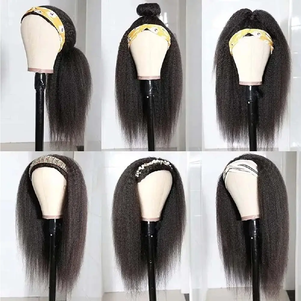 Peruca de Cabelo Humano sem Cola Peruca com Cabeça Perucas de Cabelo Humano para Preto Kinky Reta Bandana Metade Banda Yaki Brasileiro 9 sem cola metade peruca com cabeça banda