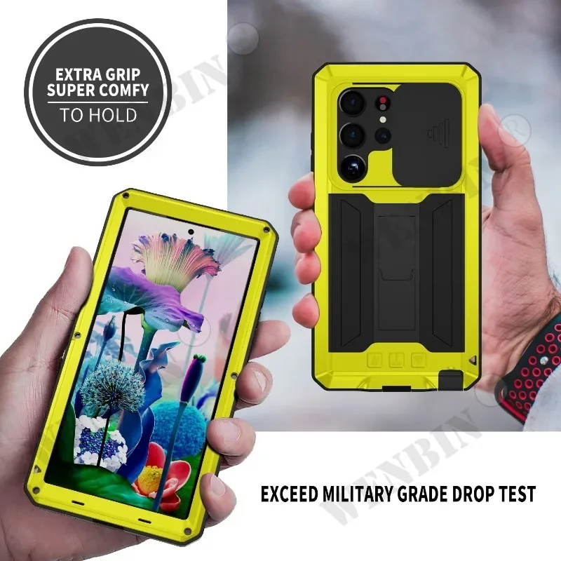 Military Case For Samsung S24 S23 Ultra S22 S21 Grade Full-Body Rugged Luxury Built-in Kickstand Slide Camera Protective Case