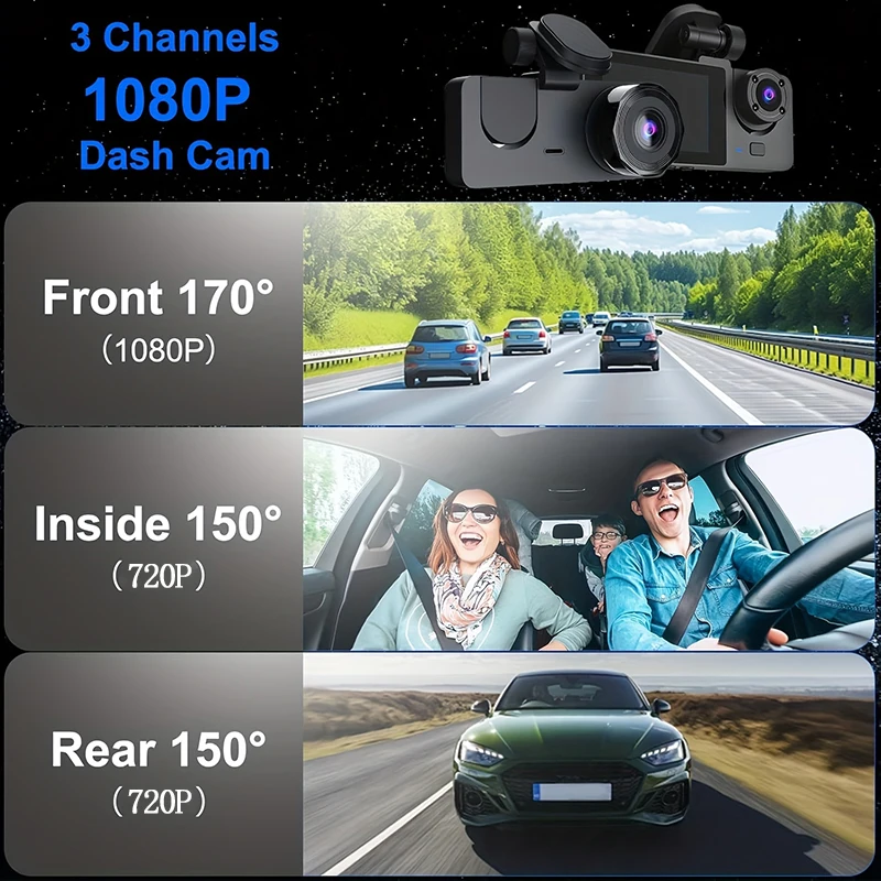 WIFI Dashcam with 3 Cameras, Triple Channel Car Camera, 1080P HD Video Recorder, Night Vision, Car DVR with Wide Angle Lens