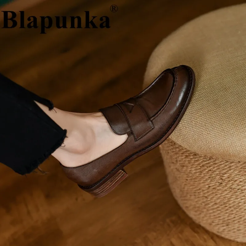 

Blapunka Top Quality Genuine Leather Women Loafers Round Toe Slip-on Penny Loafer Shoes Hand Made Retro Shoes Lady Autumn Spring