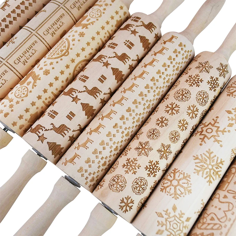 Description Picture 6 of itemChristmas Wooden Rolling Pins with 3D Engraved Christmas Snowflake Embossed Cookie Dough Kitchen Baking Tool Christmas Supplies