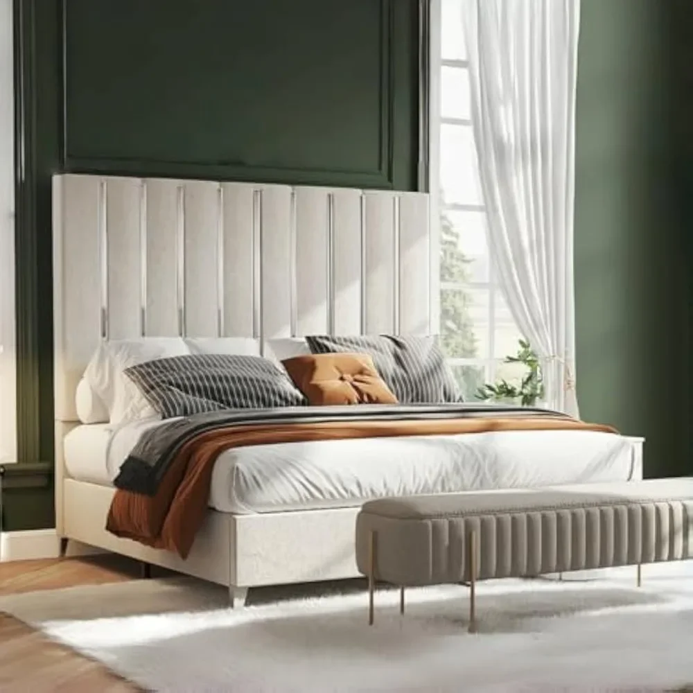 King Bed Frame with 58" Tall Headboard, Velvet Upholstered with Silver Plating Trim,  Sturdy, No Box Spring Needed, Bed Frame 5