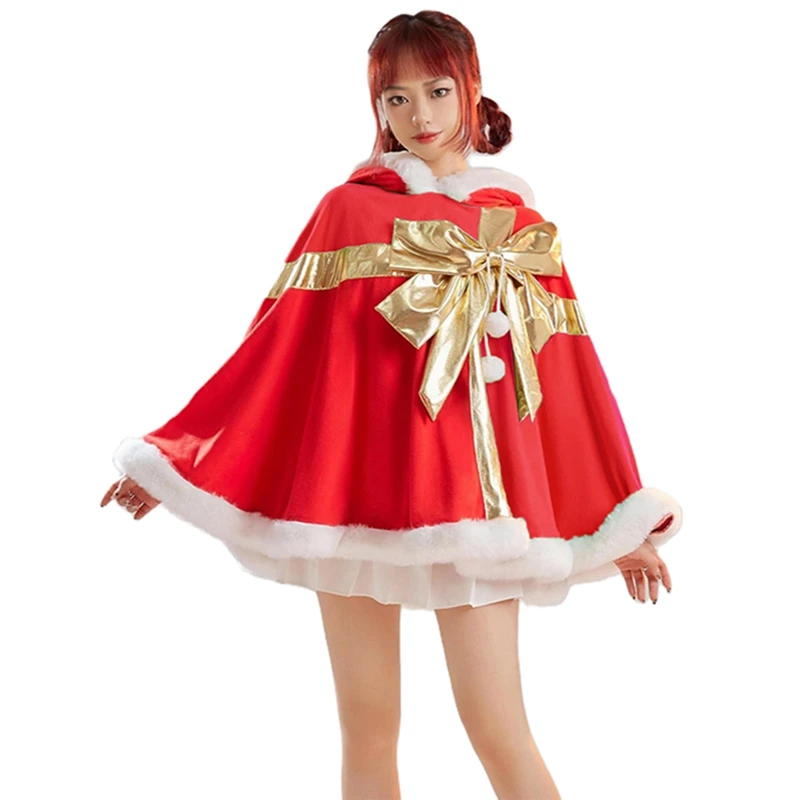 

Women Christmas Cape Cosplay Costume Plush Patchwork Hood Gift Box Poncho Santa Cloak