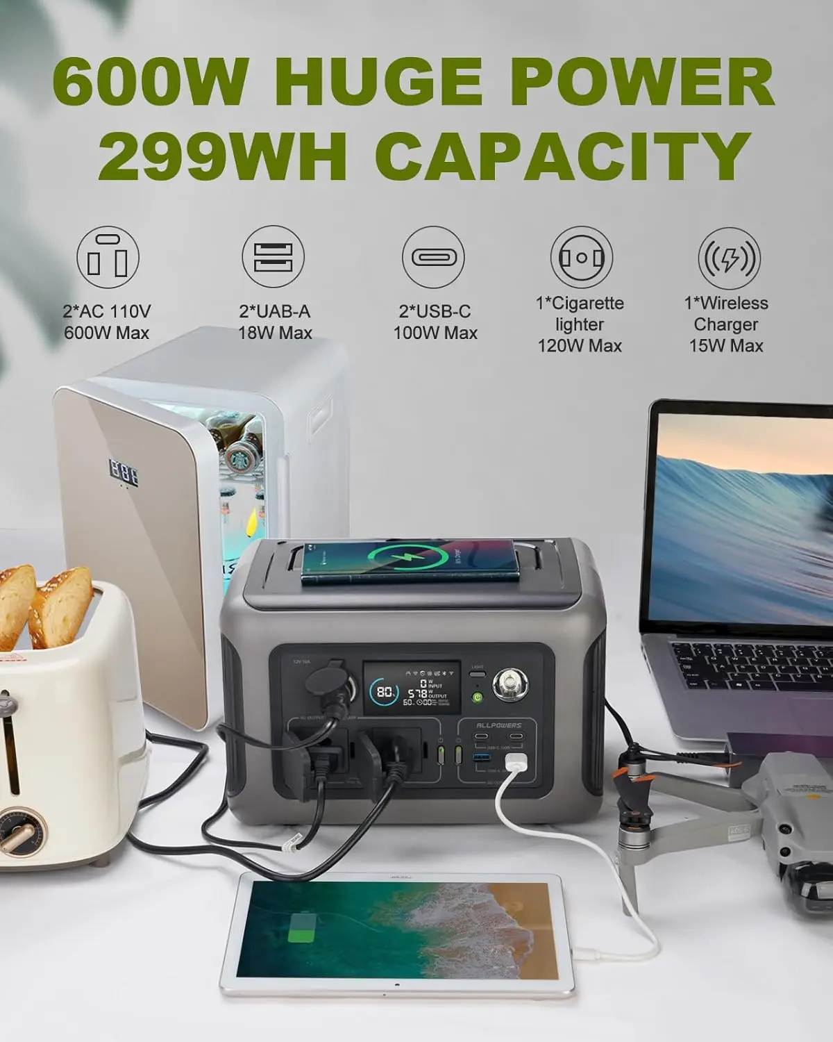 299Wh 600W Portable Power Station R600, LiFePO4 Battery Backup with UPS Function, 1 Hour to Full 400W Input