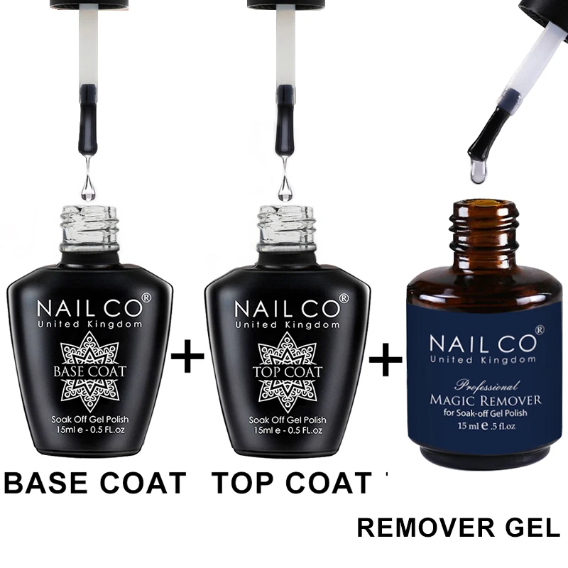 NAILCO 15ml Hema TPO Free No Wipe Top Base Coat Set Art Design Gel Nail Primer Soak Off UV Gel Nail Varnish Remover Kit