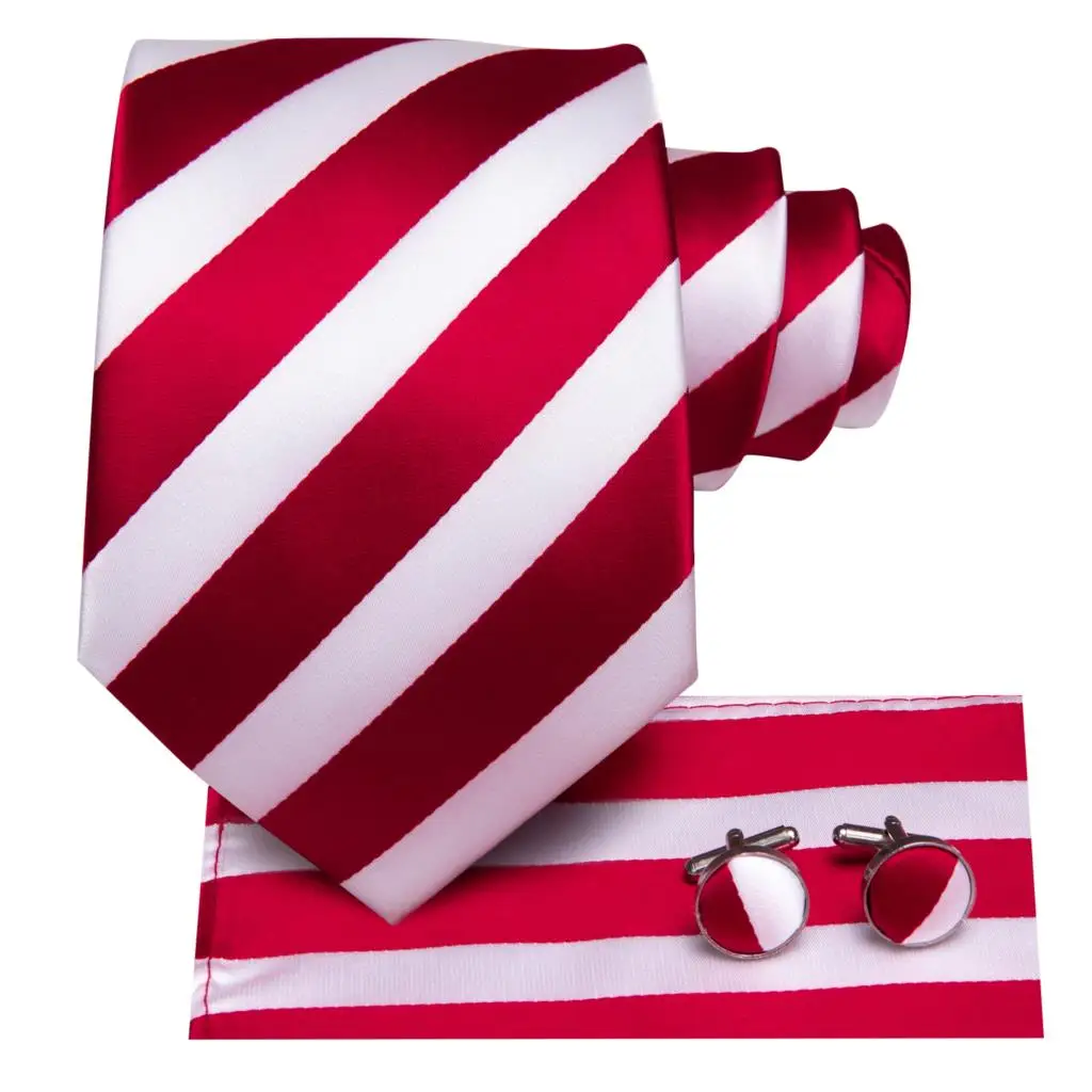 Neck Tie Hi-Tie White Black Red Striped Novelty For Men Silk Wedding Gravat Hanky Cufflink Fashion Design Business
