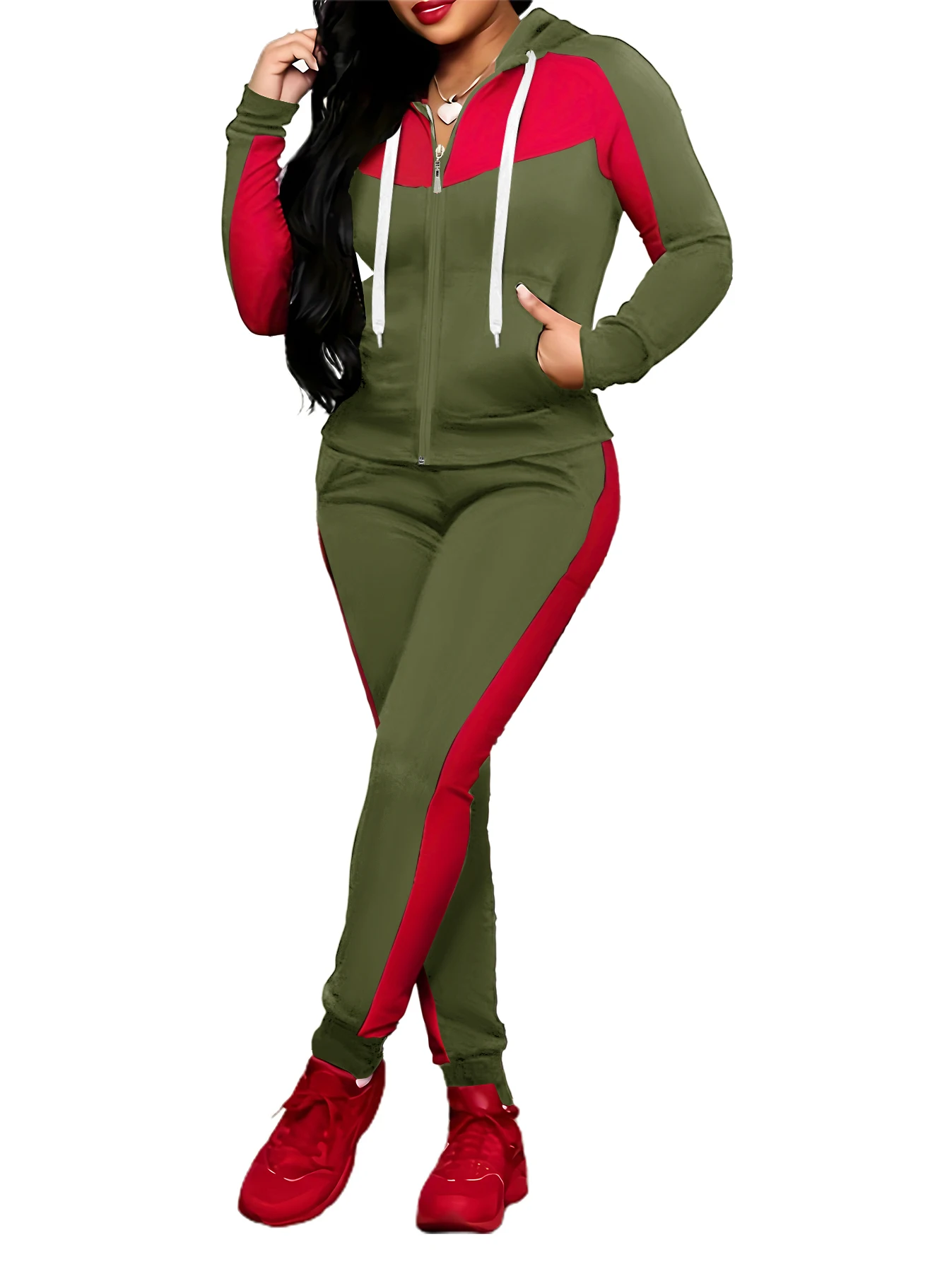 Two-piece Set Women's Colorblock Zip UpHoodie & Pocket Pants, Casual Long SleeveHooded Sweatshirt & Jogger Pants for DailyWear, 5
