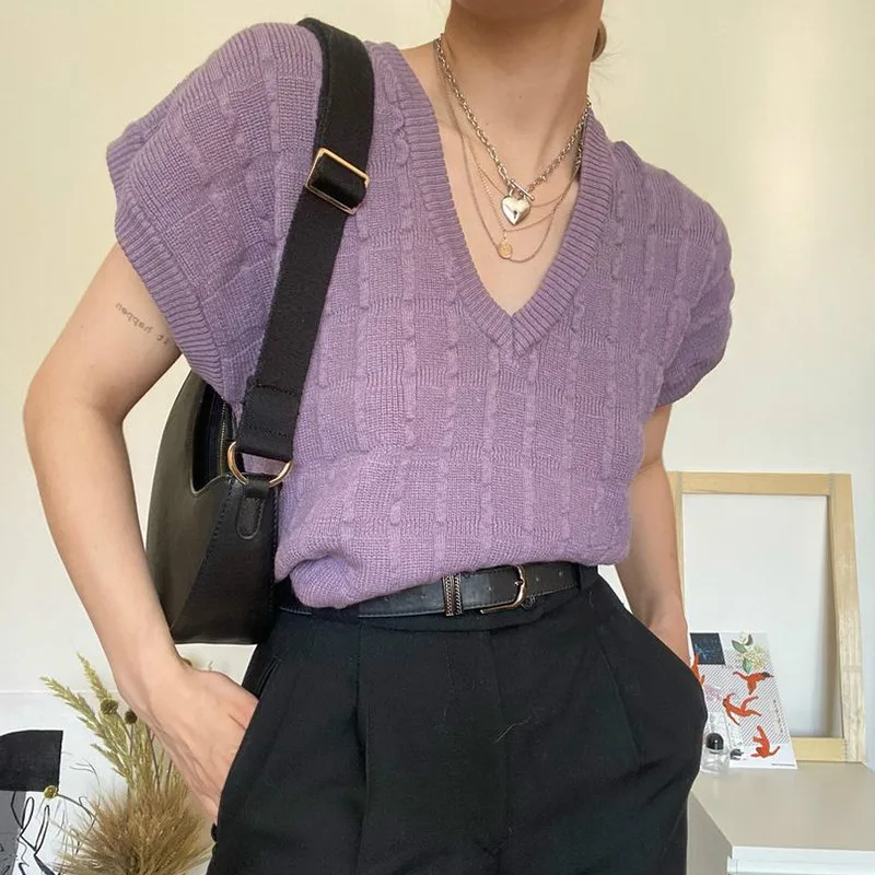 

American Retro Taro Purple Short V-neck Loose Knitted Vest for Women