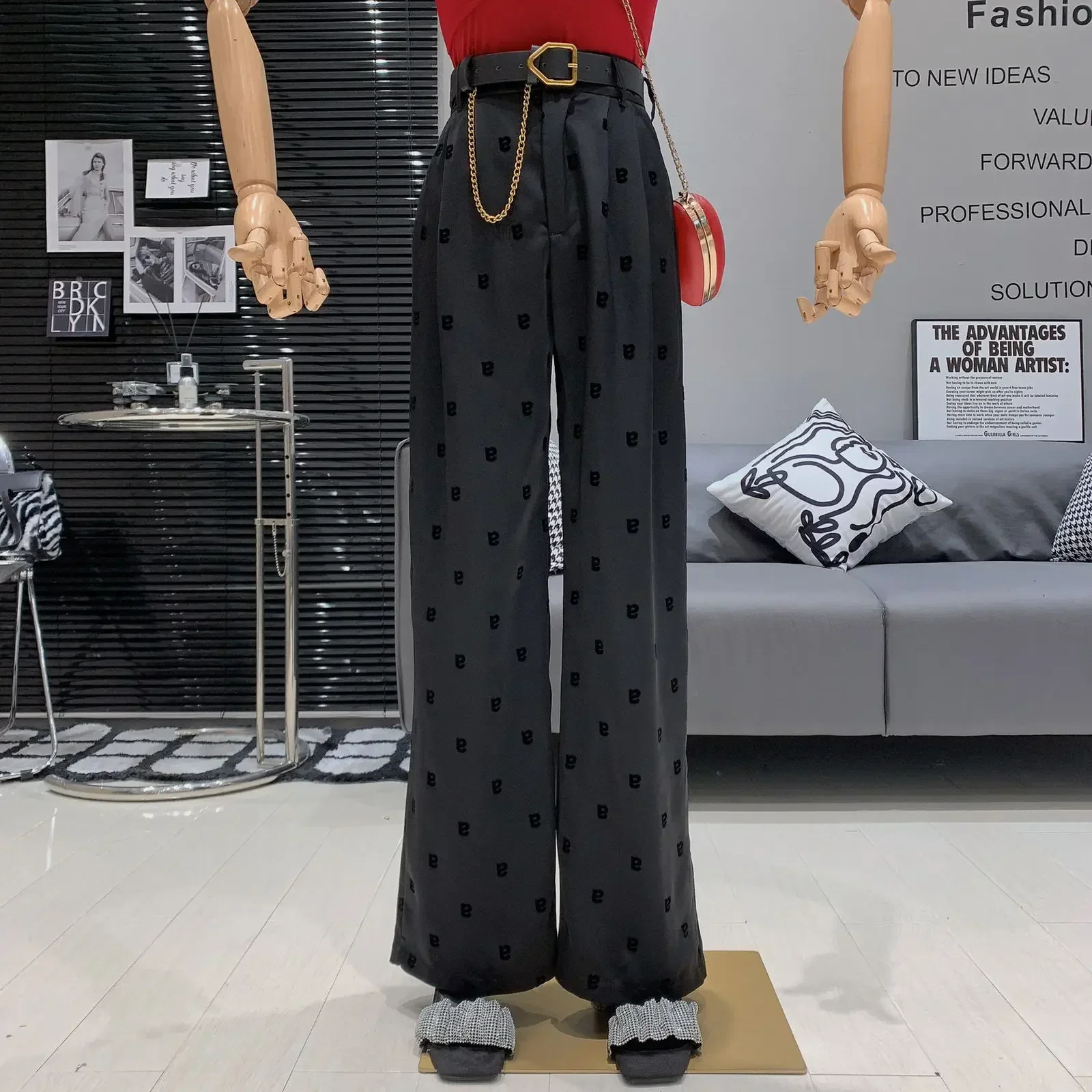 2024 New Alphabet Diamond Gold Wide Leg Pants Autumn/Winter Draping Loose Fit Large Size High Waist Slimming Casual Long Pants