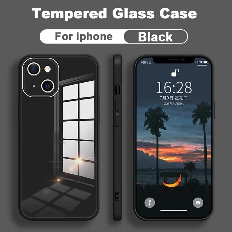 Square Tempered Glass Phone Case for IPhone 11 12 13 Pro Max X XR XS Max 8 7 Plus SE 2 Anti-knock Protection Hard Back Cover iphone 12 mini silicone case