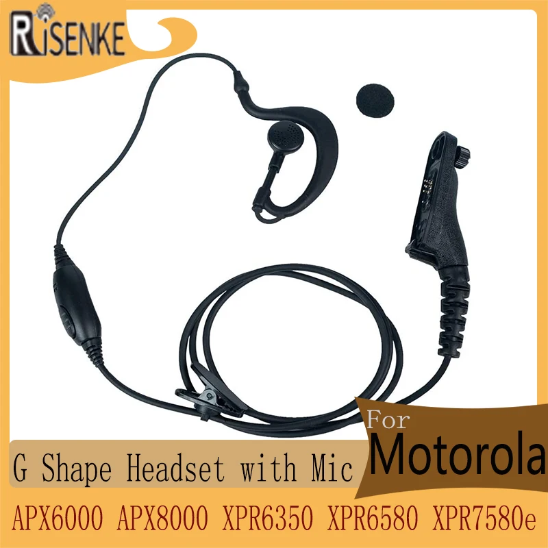 RISENKE-G Shape Headset with Mic, Earpiece for Motorola, APX4000, APX6000, APX8000, APX900, XPR6350, XPR6550, XPR6580, XPR7580e risenke earpiece for motorola apx6000 apx7000 xpr6350 xpr6550 xpr7500 xpr7550 apx4000 apx900 apx8000 radio headset with mic ptt