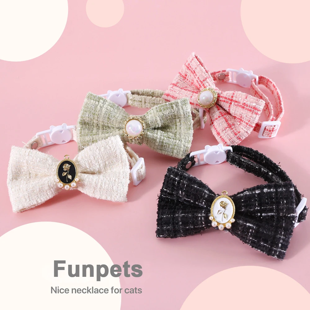 

FunPets Vintage Breakaway Cat Collar with Pearl and Bow Tie Adjustable Pet Collars Princess Style Cat Necklace Pet Accessories
