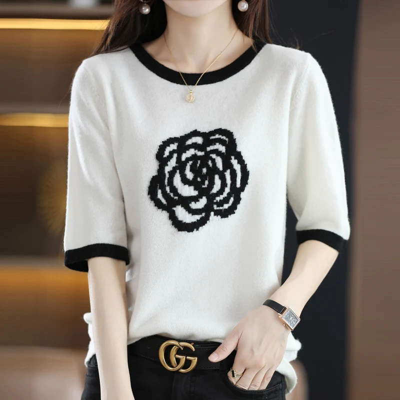 

New Summer 100% Wool Camellia Embroidery Short-Sleeved Round Neck Loose All-Match Thin T-Shirt Temperament Vest Top Women