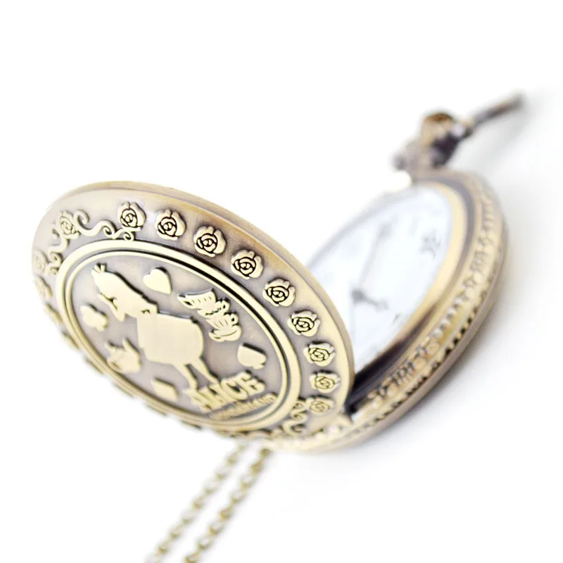 Disney Alice in Wonderland Theme Bronze Retro Quartz Pocket Watch Collectible Vintage Fob Watches Kids Charm Xmas Brithday Gift